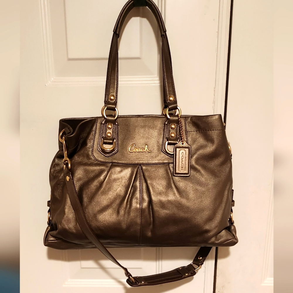 Coach Ashley Metallic Bronze Leather Shoulder Bag 15" X 10" X 5" NWOT